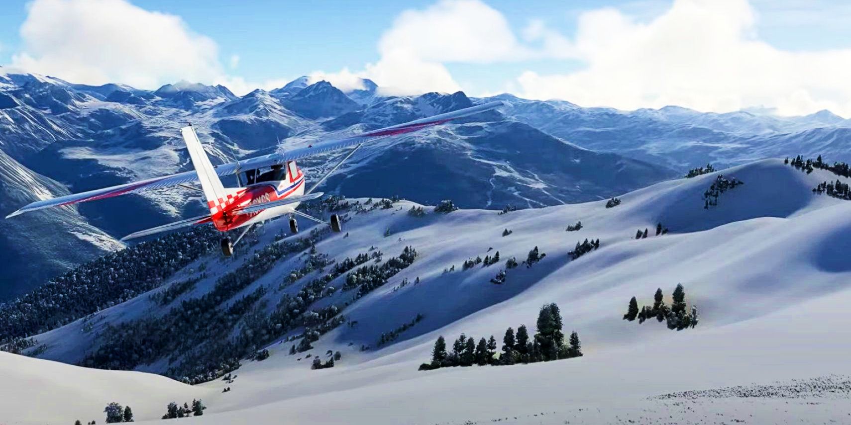 Un piccolo aereo rosso e bianco che sorvola colline innevate in Microsoft Flight Simulator 2024