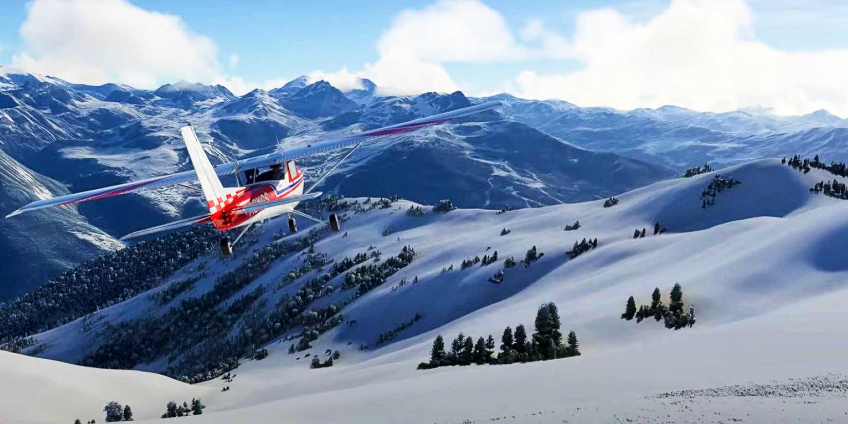 A small, red and white plane flying over snowy hills in a screenshot from Microsoft Flight Simulator 2024.
