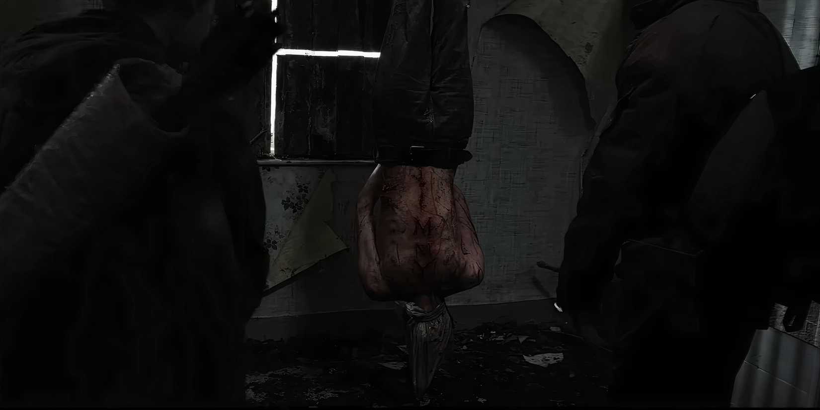 An infected hanging upside down in 28 Years Later