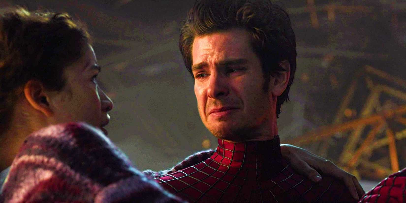 Andrew Garfield's Spider-Man looking emotional after catching MJ in Spider-Man: No Way Home