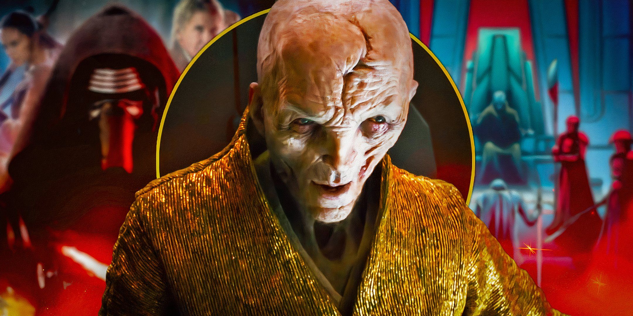 Supreme Leader Snoke (Andy Serkis) stares down Rey from his throne, edited over Star Wars sequel trilogy art.