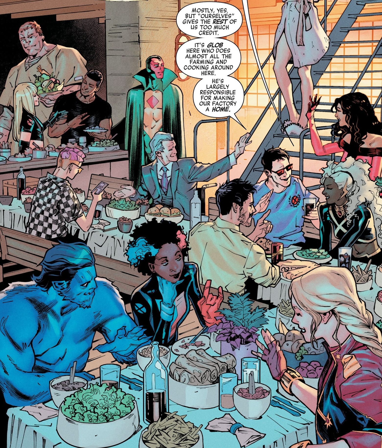Avengers and X-Men dine together, including Cyclops, Magneto, Storm, Captain Marvel, Scarlet Witch, etc.