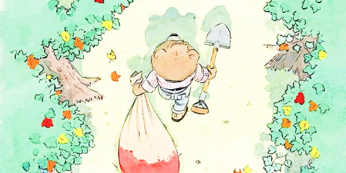 Beneath the Trees, a bear carries a bloody bag through a forest full of flowers