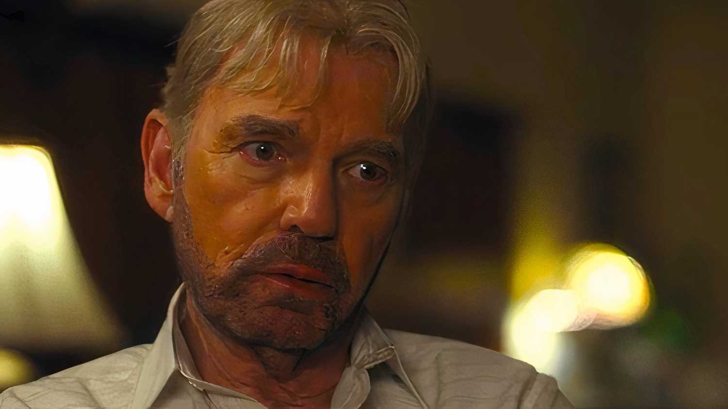 Billy Bob Thornton as Tommy looking down and worried in Landman