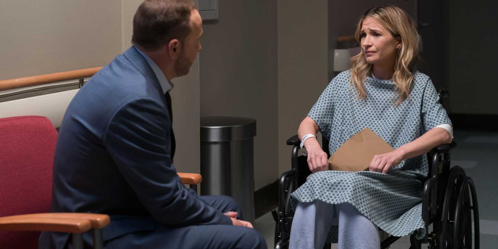 Blue Bloods Eddie in a wheelchair and hospital gown talking to Danny