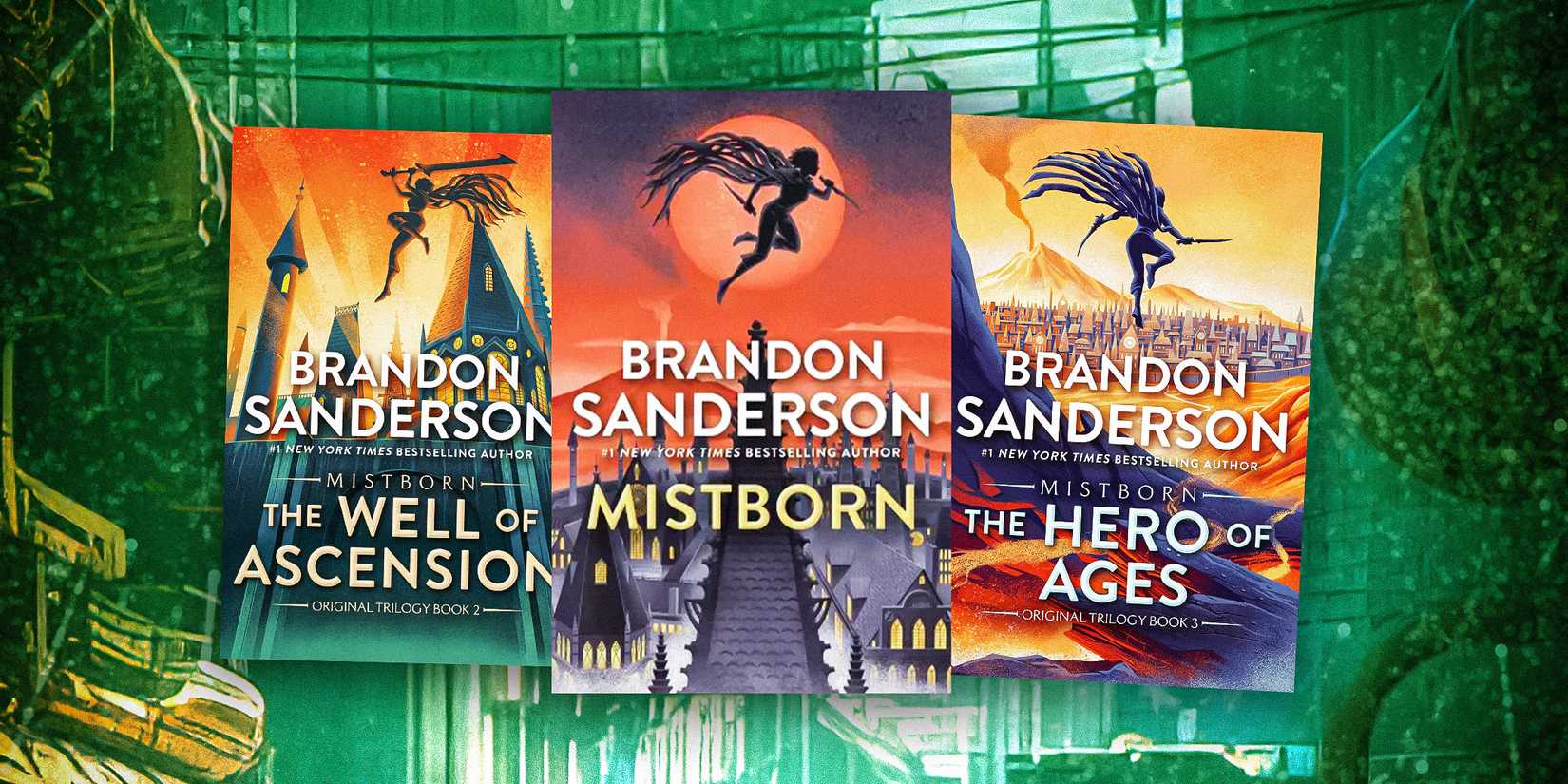 The covers of The Well of Ascension, Mistborn: The Final Empire, and The Hero of Ages by Brandon Sanderson with a green city background