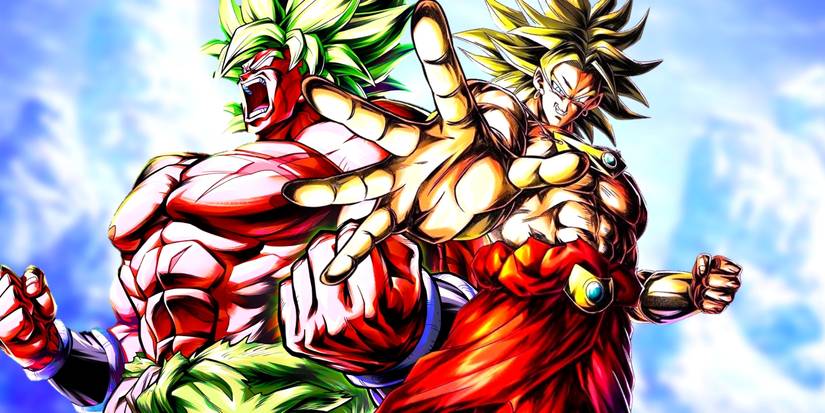 Broly in Super and movie version, both using their Legendary Super Saiyan forms. Behind them, a glaciar can be seen. 