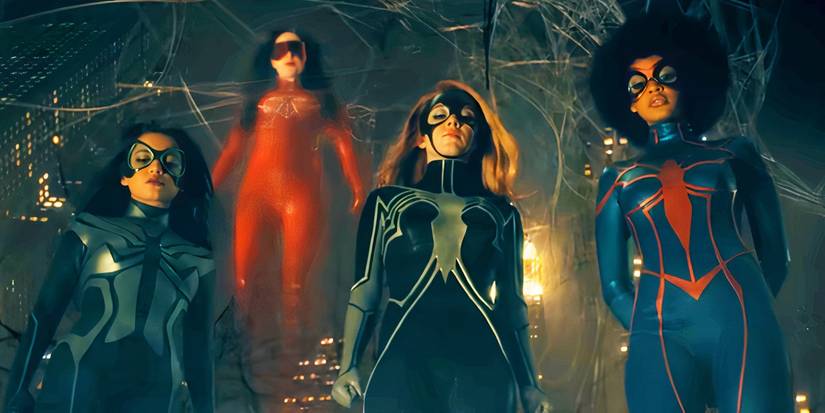 Dakota Johnson como Madame Teia com as Mulheres-Aranha em Madame Teia