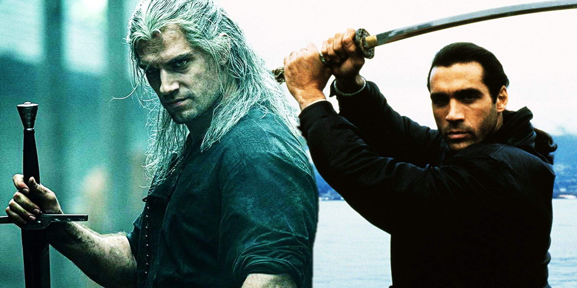 Collage of Henry Cavill in The Witcher and Adrian Paul in Highlander The Series