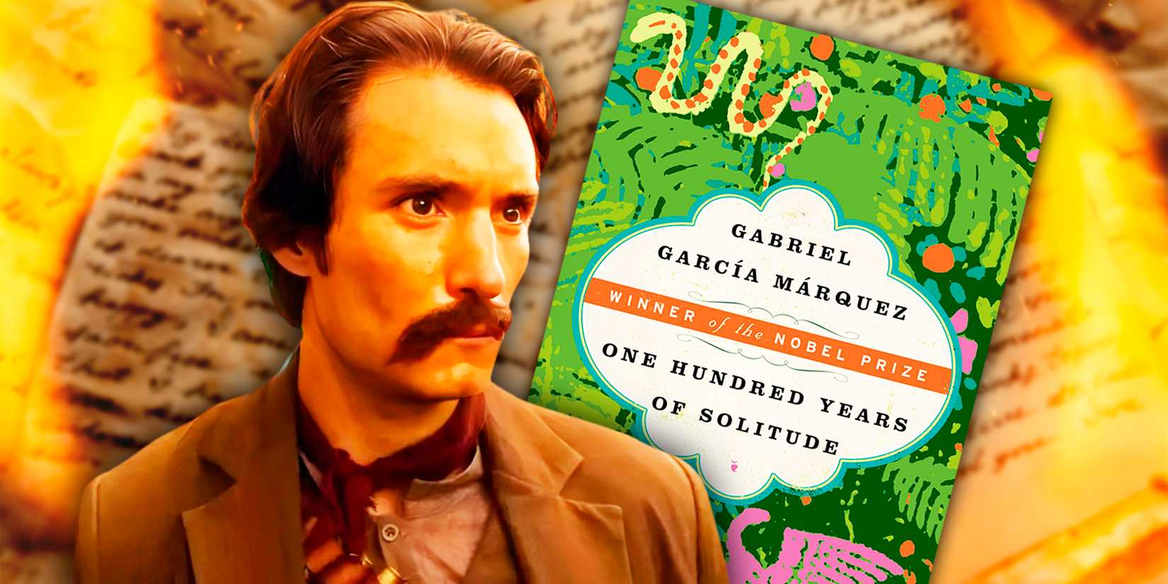 Colonel Aureliano Buendia from the Netflix series with a book cover for One Hundred Years of Solitude
