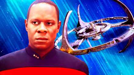 Comandante Sisko (Avery Brooks con pelo y sin perilla) en Star Trek Deep Space Nine y la estación espacial DS9