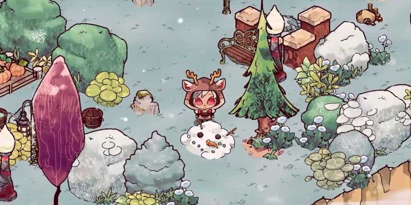 Cozy Grove Winter Festival player in front of a melting snowman head