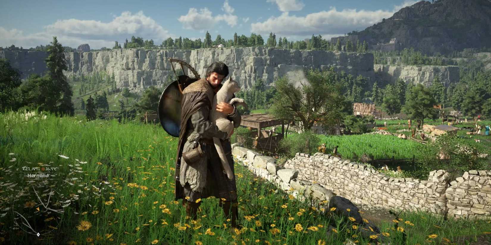 The player holding a cat in a grassy field in Crimson Desert.