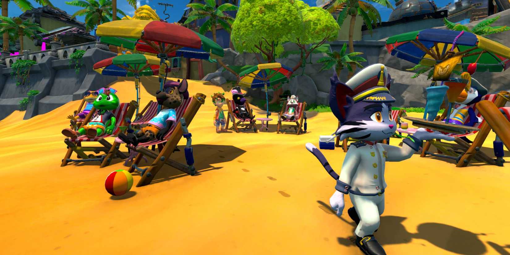 A cat in a sailors outfit bringing drinks to animals lounging on a beach in Critter Cove.