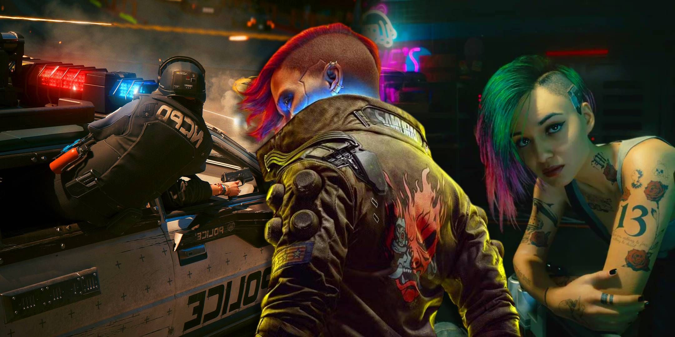 Female V in the middle with a police chase on the left and Judy on the right from Cyberpunk 2077.