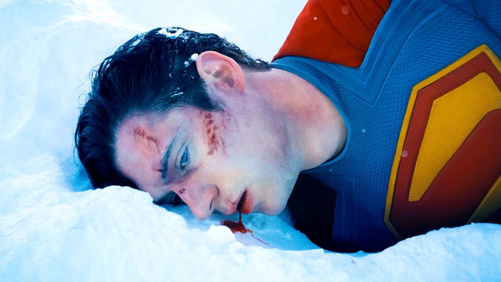 David Corenswet as Superman In Costume Bleeding In The Snow In Superman 2025 Movie