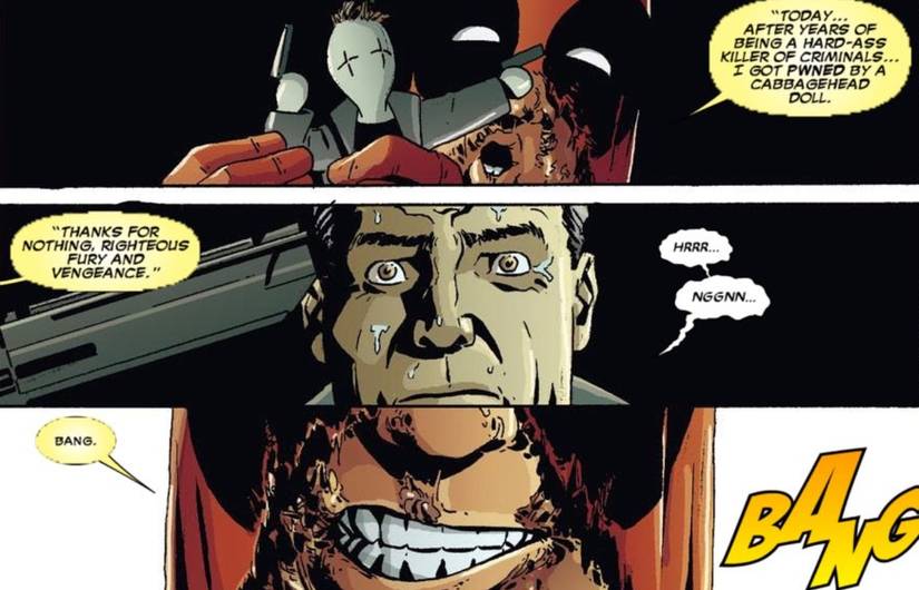 Deadpool controlling the Punisher with one of Puppet Master's puppets.