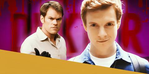 Dexter (Michael C Hall) wearing gloves and smiling and young Dexter (Patrick Gibson) smiling deviously in Dexter Original Sin