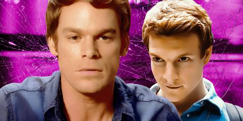 Michael C. Hall as Dexter looking sad and Patrick Gibson as Dexter in Original Sin looking excited