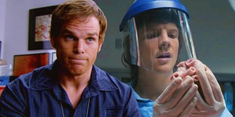 Dexter Morgan (Michael C. Hall) pursing his lips in Dexter and Dexter Morgan (Patrick Gibson) holding a human heart in Dexter: Original Sin