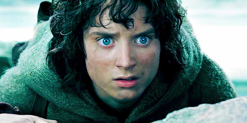 Elijah Wood looking surprised as Frodo in The Lord of the Rings The Two Towers.