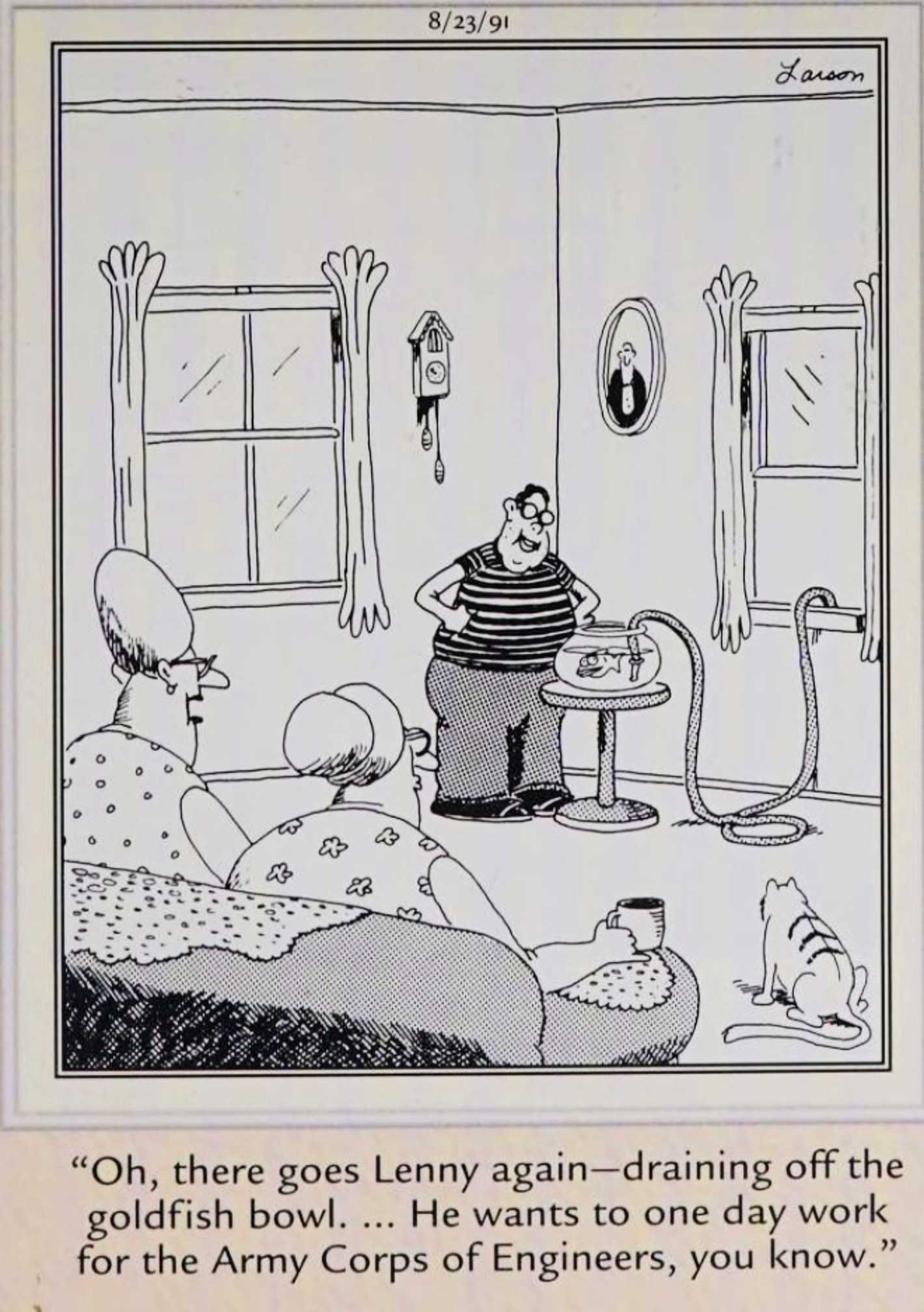 Far Side, August 23, 1991, a young man invents a drainage device to suck the water out of his goldfish's bowl