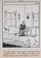 Far Side, August 23, 1991, a young man invents a drainage device to suck the water out of his goldfish's bowl