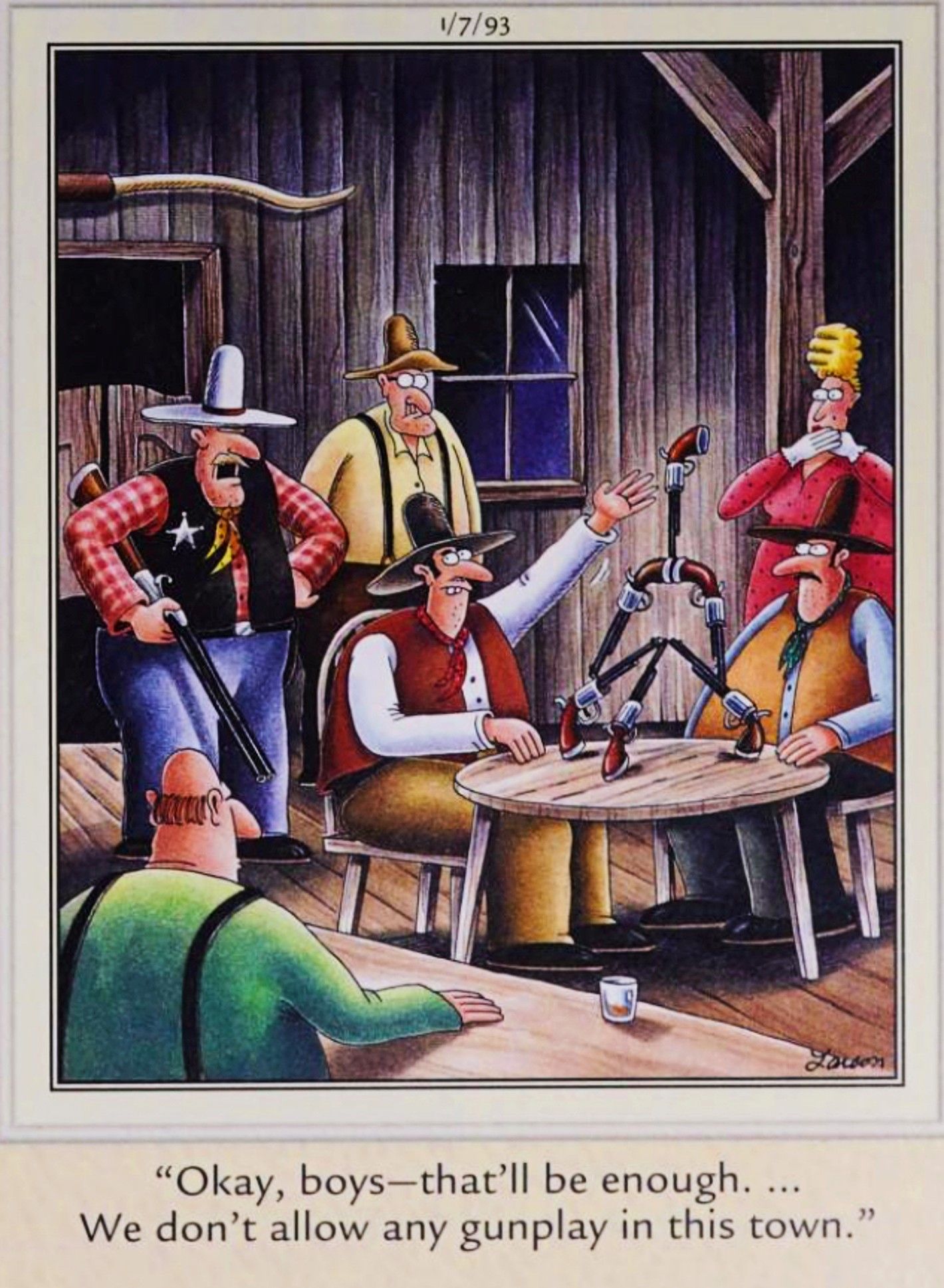 Far Side, January 7, 1993, two cowboys stack guns on a saloon table
