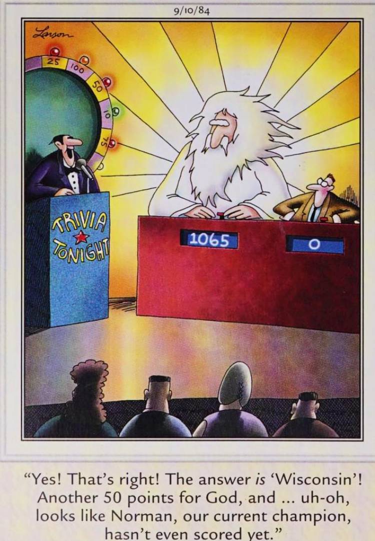 Far Side, September 10, 1984, God competing on a television game show