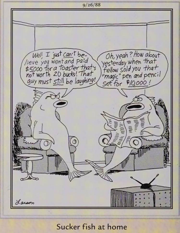 Far Side, September 26, 1988, 'sucker fish at home' complaining about getting hoodwinked