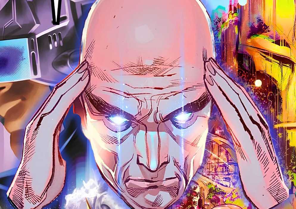 Split image of Charles Xavier during the Krakoa Era and the Island of Krakoa