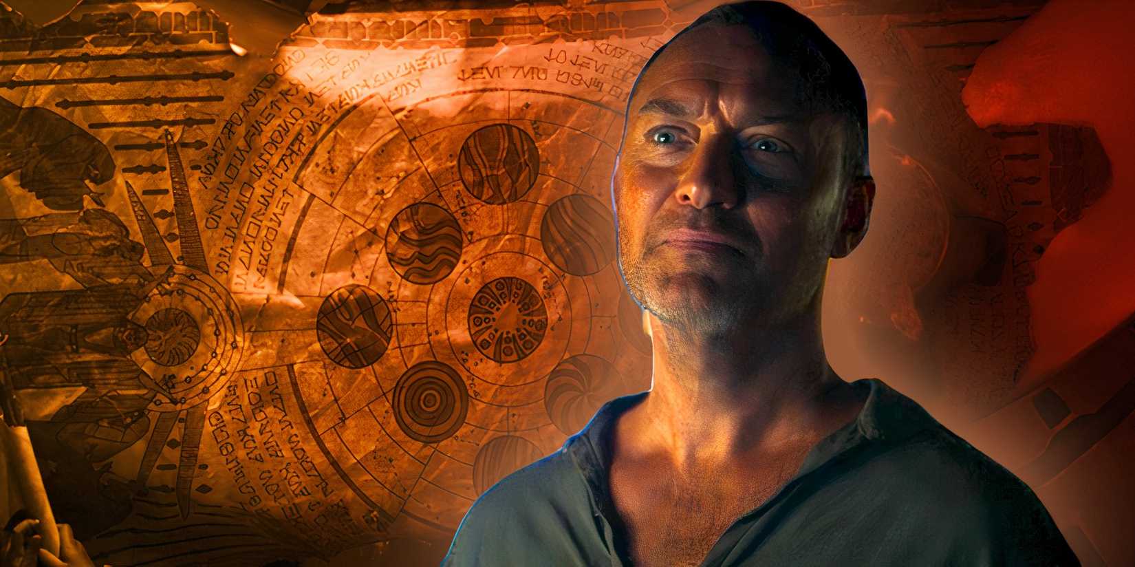 Jod na Nawood/Crimson Jack (Jude Law) stares at KB, who has compiled a map of the Jewels of the Old Republic.