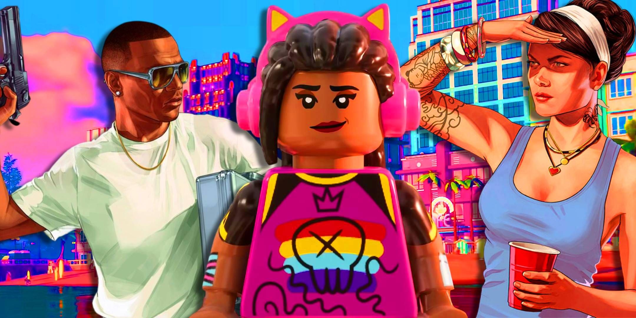 Два персонажа из GTA Online смотрят на женскую LEGO-фигурку в наушниках от Fortnite Brick Life.