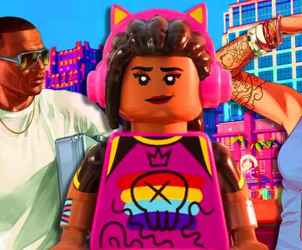 Два персонажа из GTA Online смотрят на женскую LEGO-фигурку в наушниках от Fortnite Brick Life.