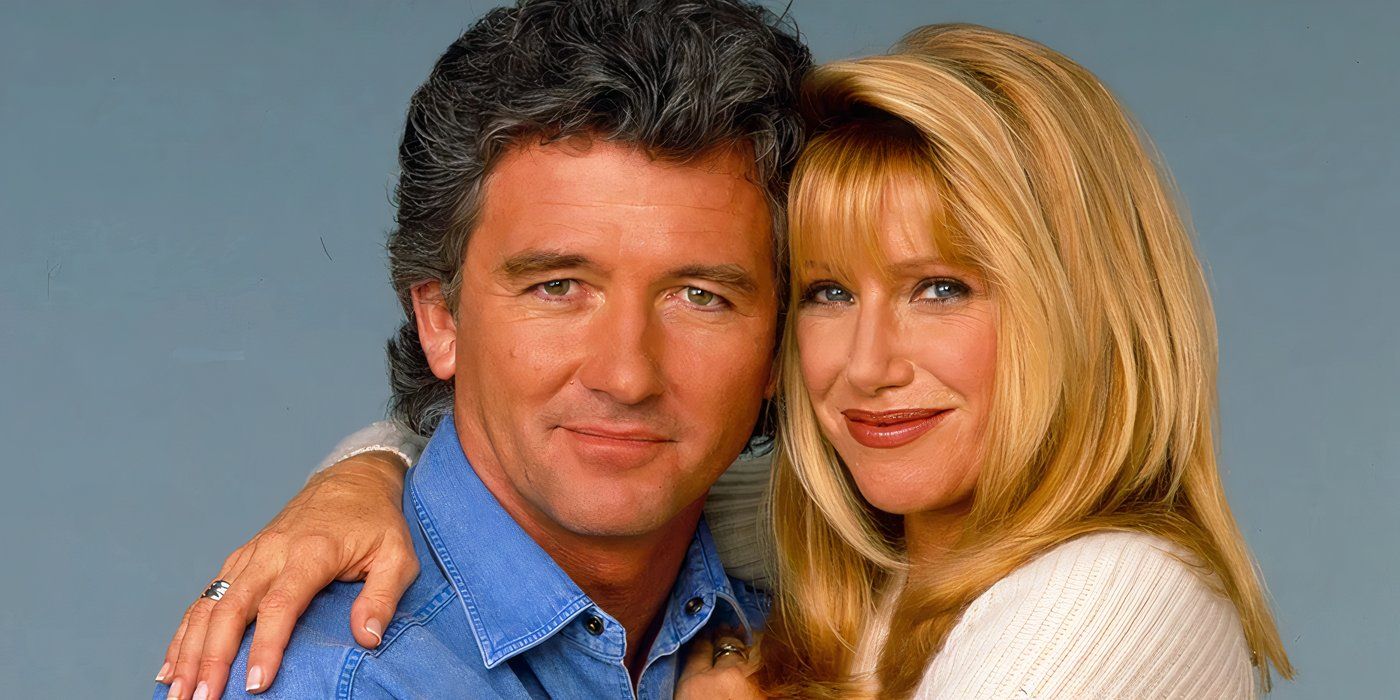 Frank (Patrick Duffy) and Carol (Suzanne Somers) posing for a photo in Step by Step