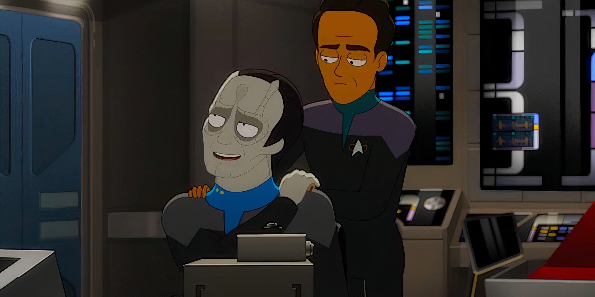 Bashir comforts Garak with a shoulder rub in Star Trek Lower Decks