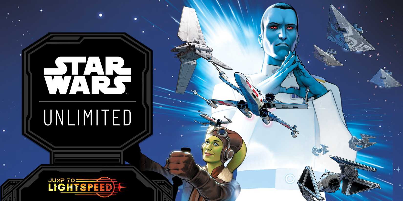 Thrawn, Hera, and space ships in the Star Wars Unlimited key art.