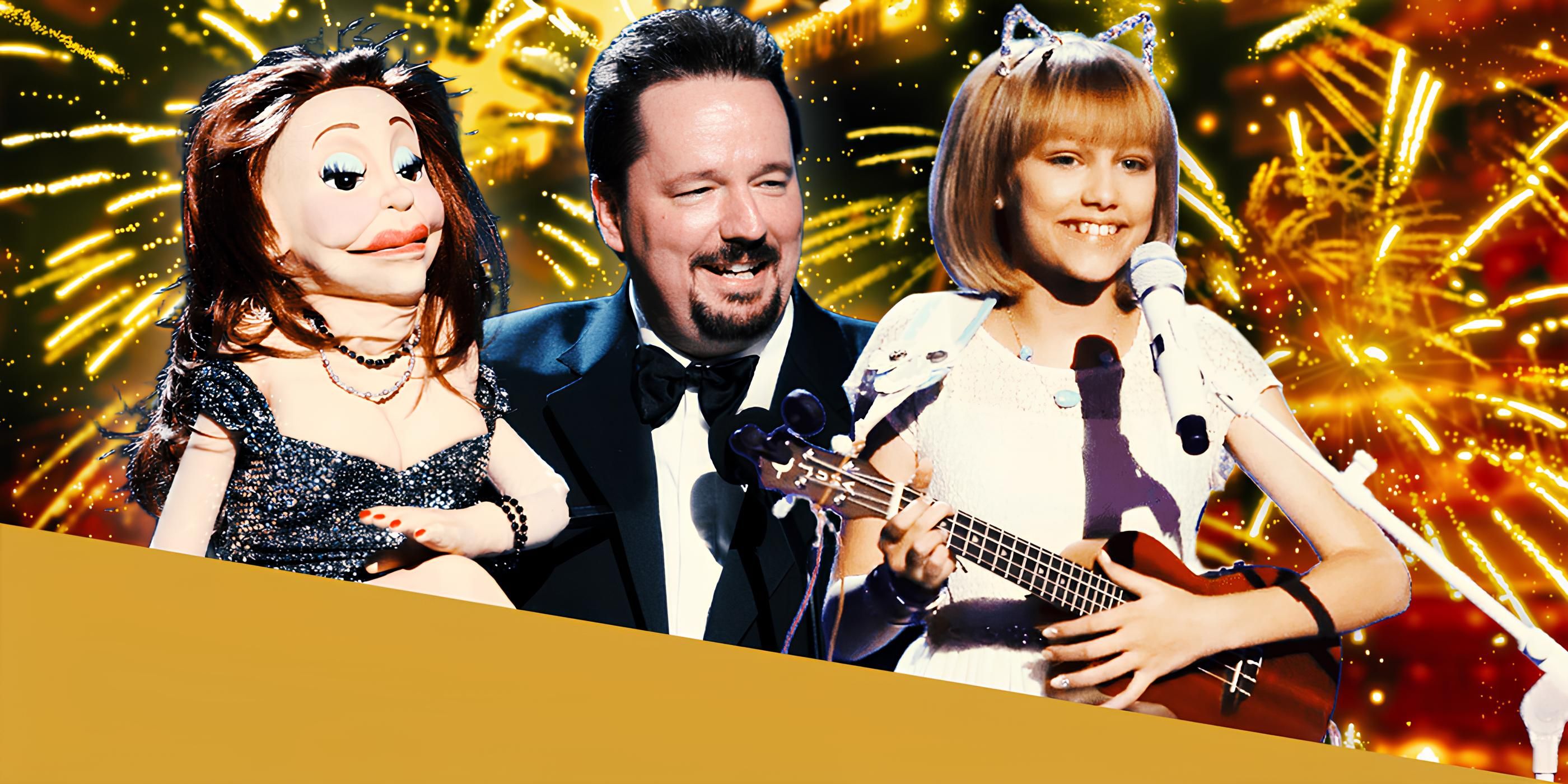 Grace VanderWaal plays a ukulele and Terry Fator performs with a marionette, golden glittery background to match the America's Got Talent photos