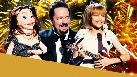 Grace VanderWaal plays a ukulele and Terry Fator performs with a marionette, golden glittery background to match the America's Got Talent photos
