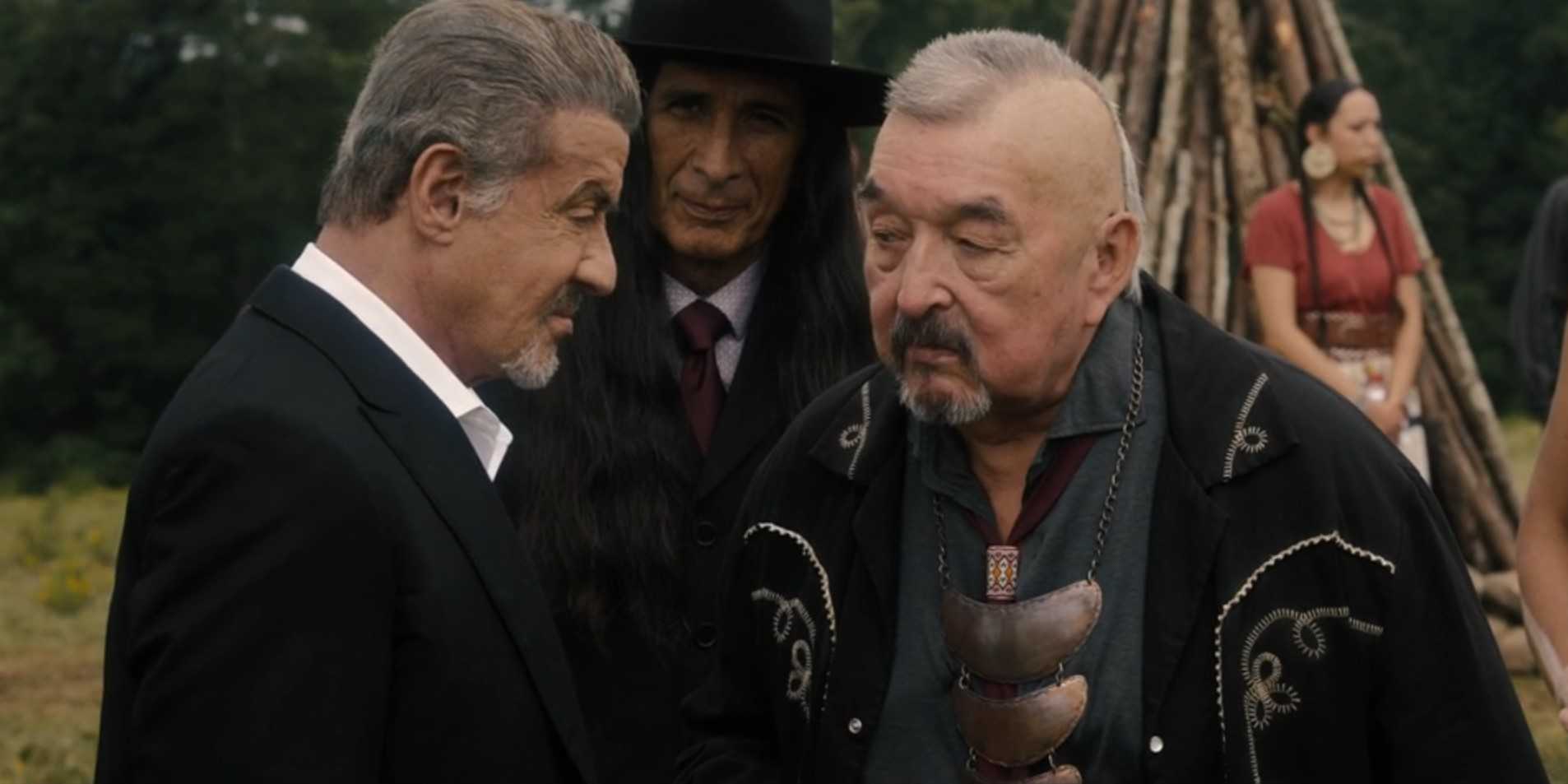 Dwight Manfredi (Sylvester Stallone) and Old Smoke (Graham Greene) talking in Tulsa King season 2, episode 9