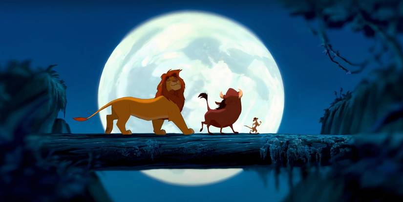 A young Simba, Pumbaa, and Timon walking on a log in The Lion King (1994)