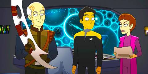 Harry Kim converses with other characters on a ship's bridge in a scene from Star Trek: Lower Decks