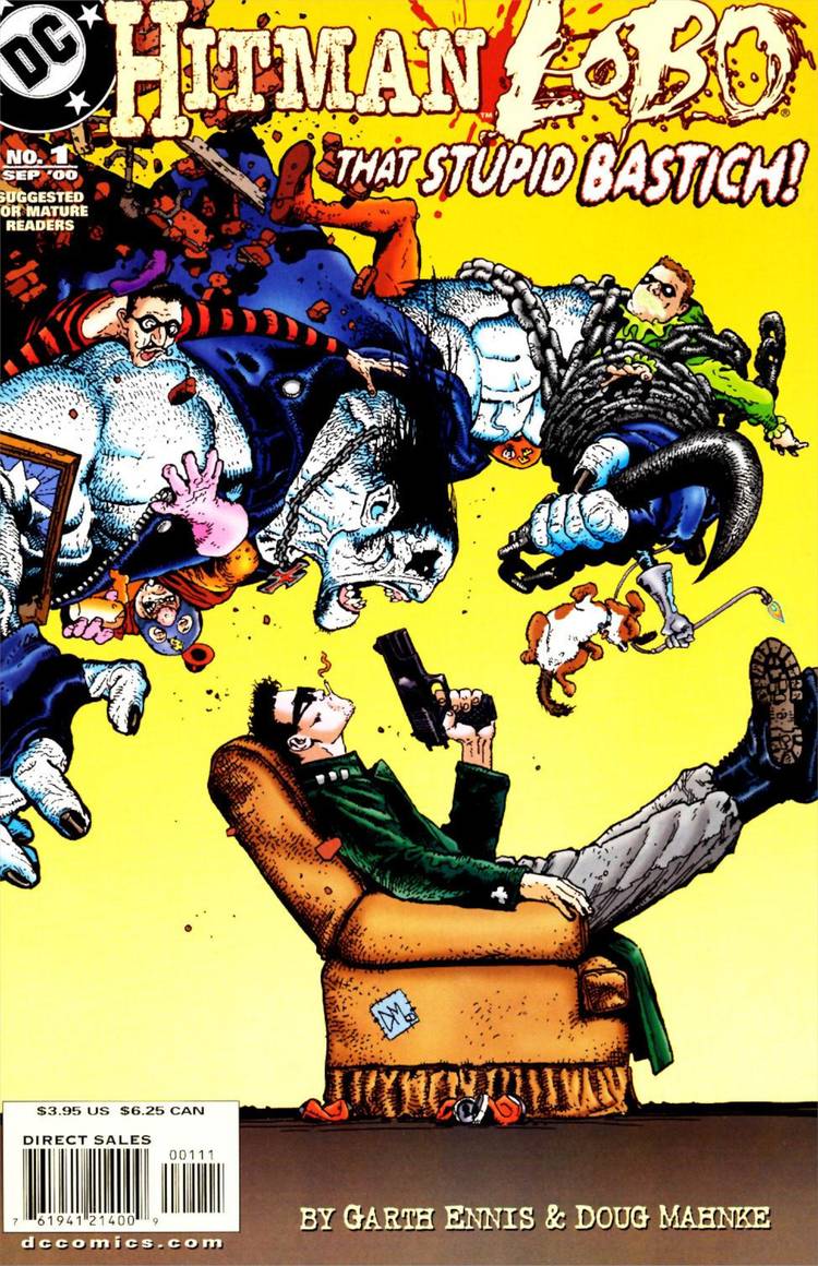 Comic book cover: Lobo attacks a sitting Hitman Tommy Monaghan