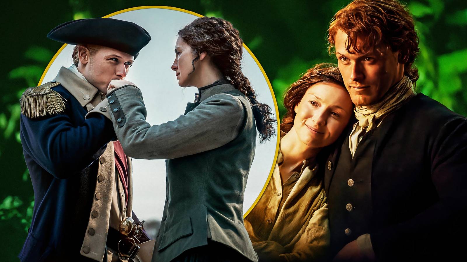 Jamie kissing Claire's hand next to Claire leaning against Jamie's shoulder in Outlander