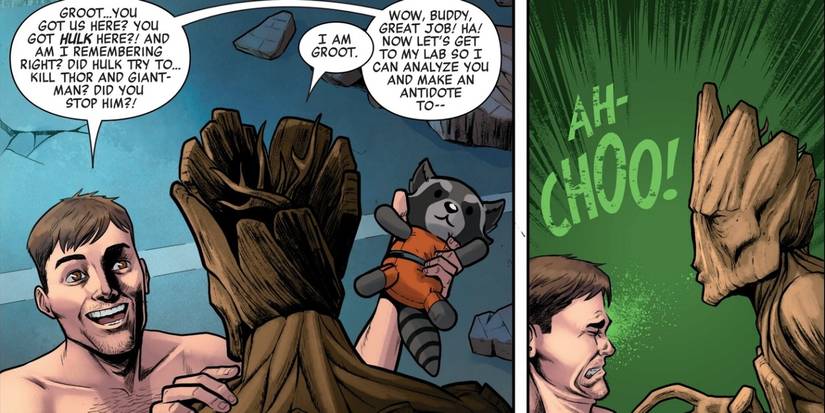 Groot sneezing in Bruce Banner's face.