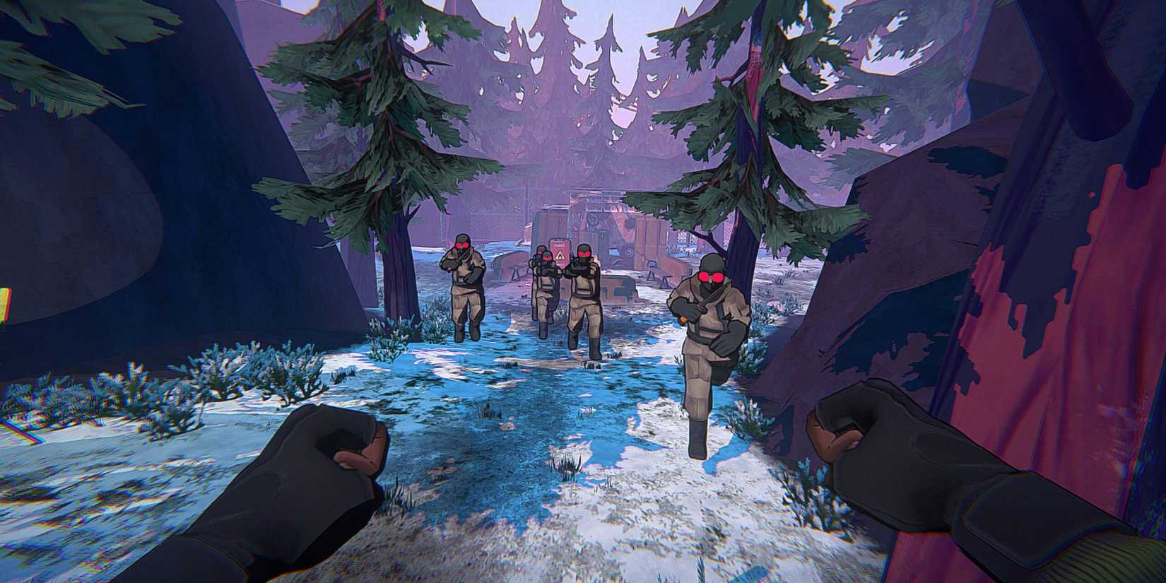 A group of enemies approaching the player in a snowy forest in I am your beast.