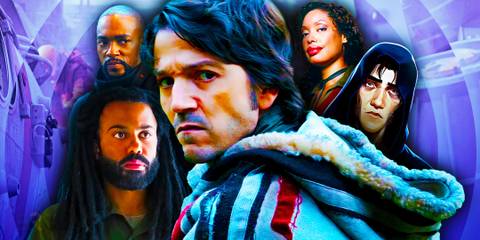 Diego Luna as Cassian Andor surrounded by Anthony Mackie as Takeshi Kovacs in Altered Carbon, Daveed Diggs as Andre Layton in Snowpiercer, Gina Torres as Zoë Washburne in Firefly, and Viktor from Arcane