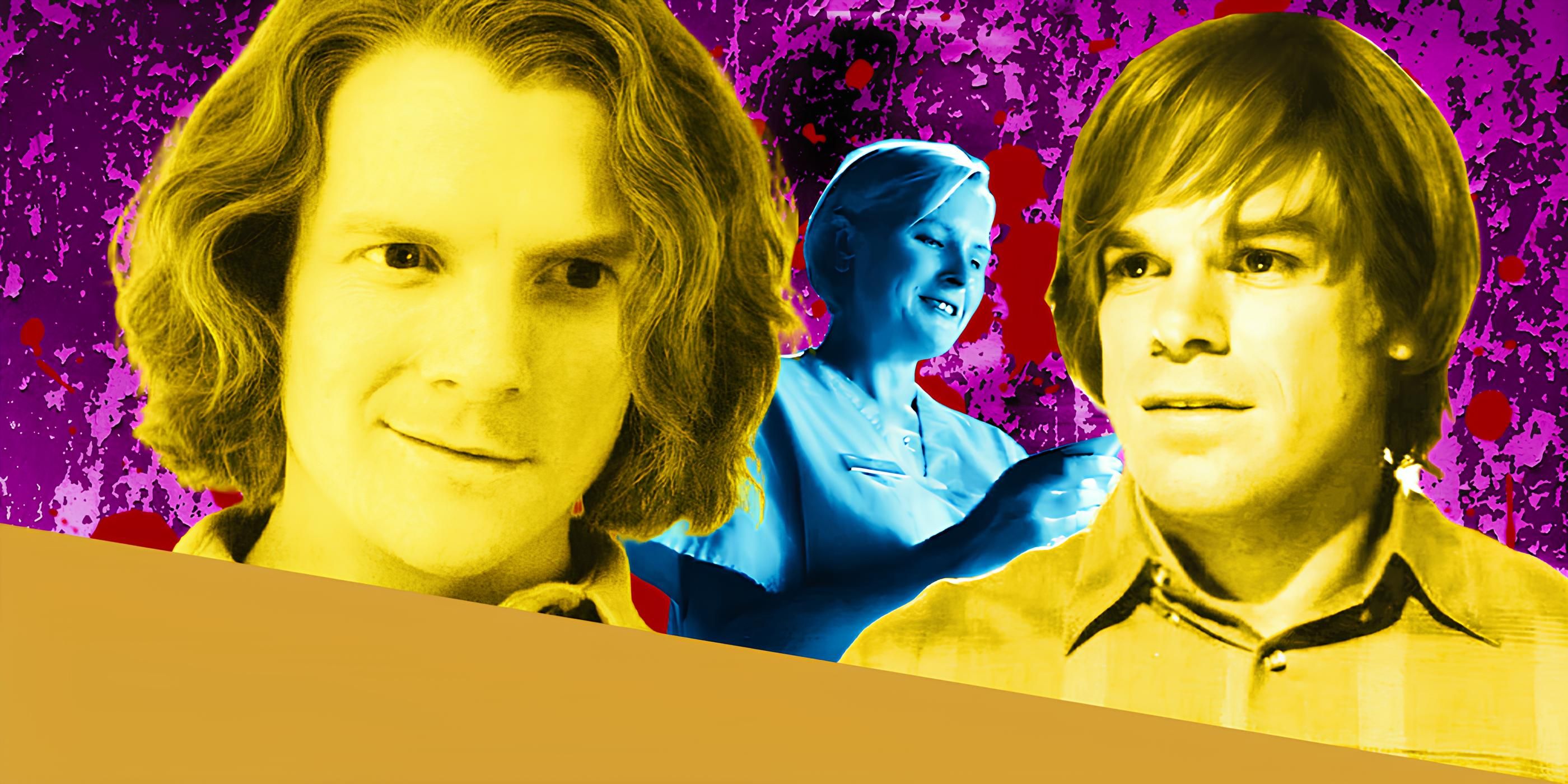 Image of Patrick Gibson and Michael C. Hall with long hair from the prequel show and Dexter season 3 episode Popping Cherry with Nurse Mary from Original Sin in the Background