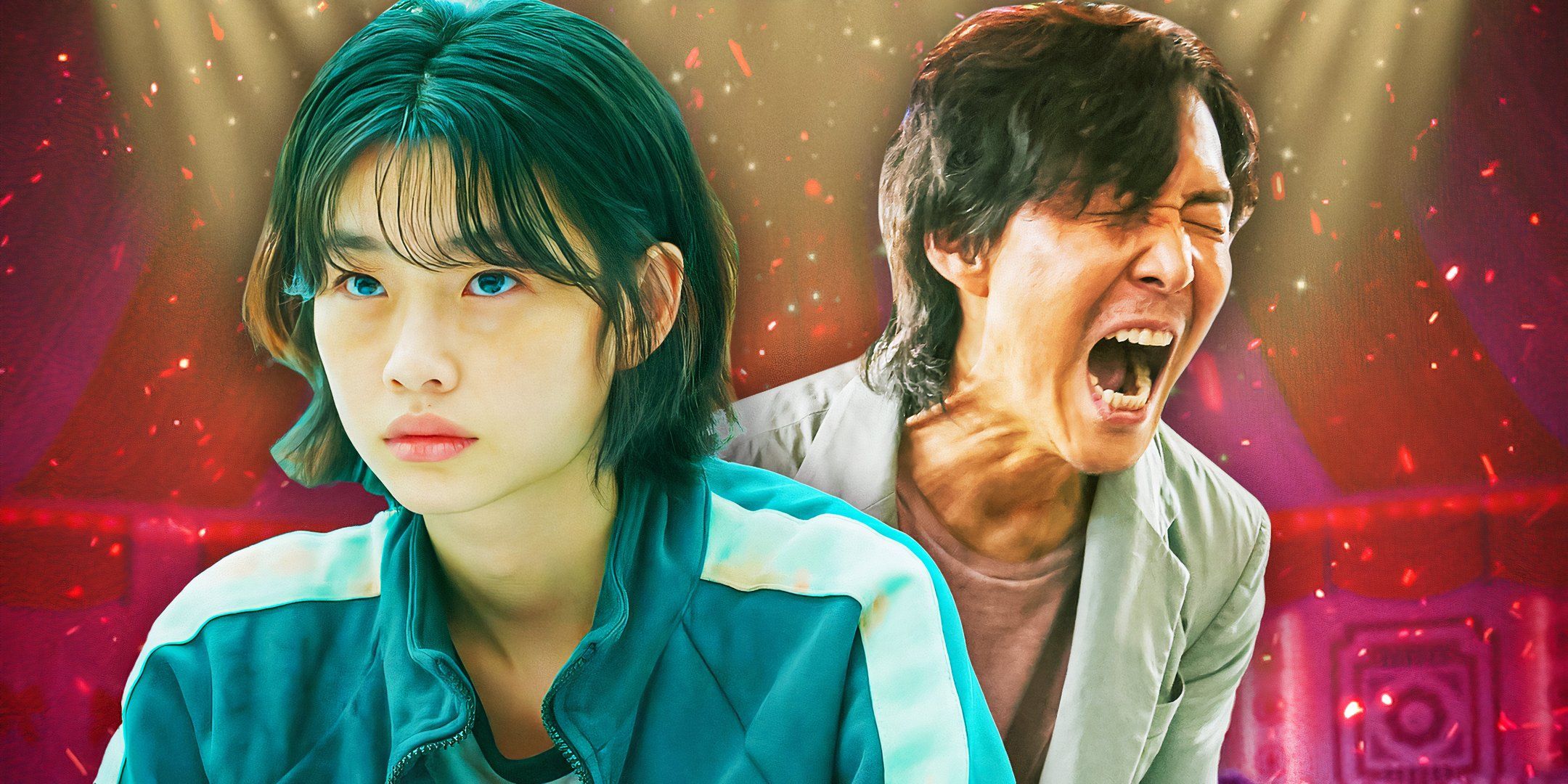 Канг Сае-бёк (Джун Хо-ён) в своем комбинезоне и Сонг Джи-Хун (Ли Чжун-Джей) кричащий в костюме в *Игра в кальмара*