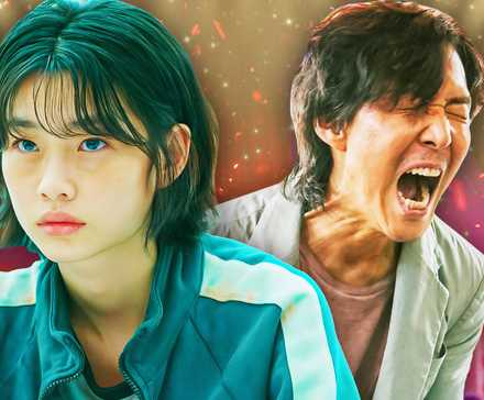 Канг Сае-бёк (Джун Хо-ён) в своем комбинезоне и Сонг Джи-Хун (Ли Чжун-Джей) кричащий в костюме в *Игра в кальмара*